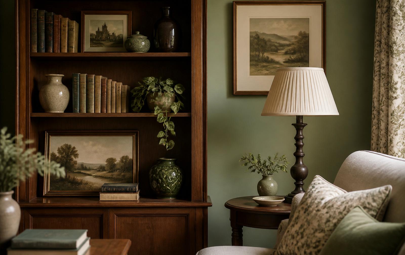 Warm British interior detail — bookshelves, art and calm sage tones