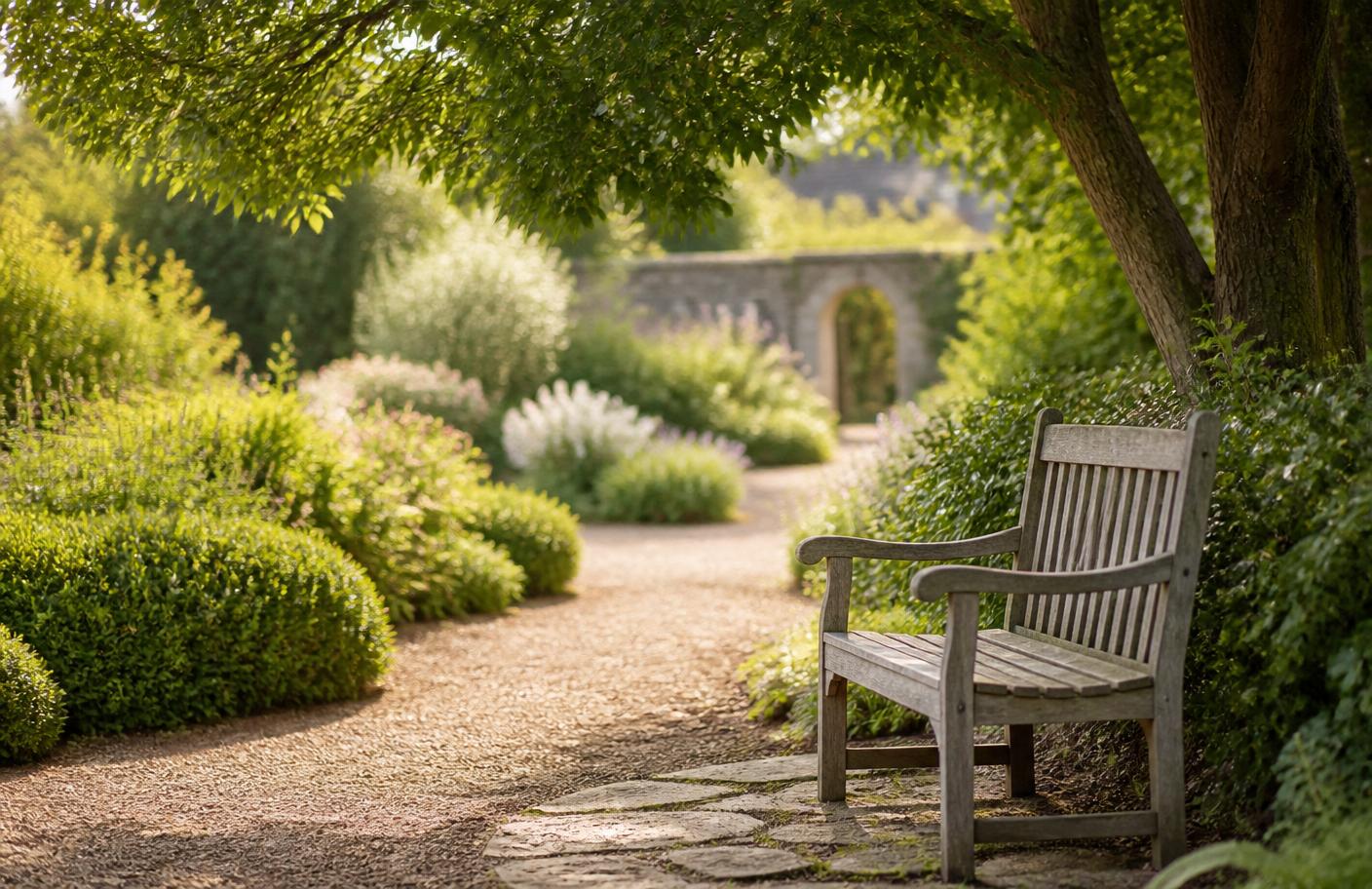 Sunlit garden path and bench representing calm, community and wellbeing